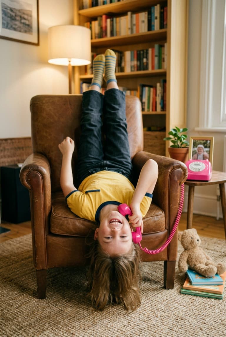 A kid hanging upside down from a chair, talking on a Ring Ring home phone