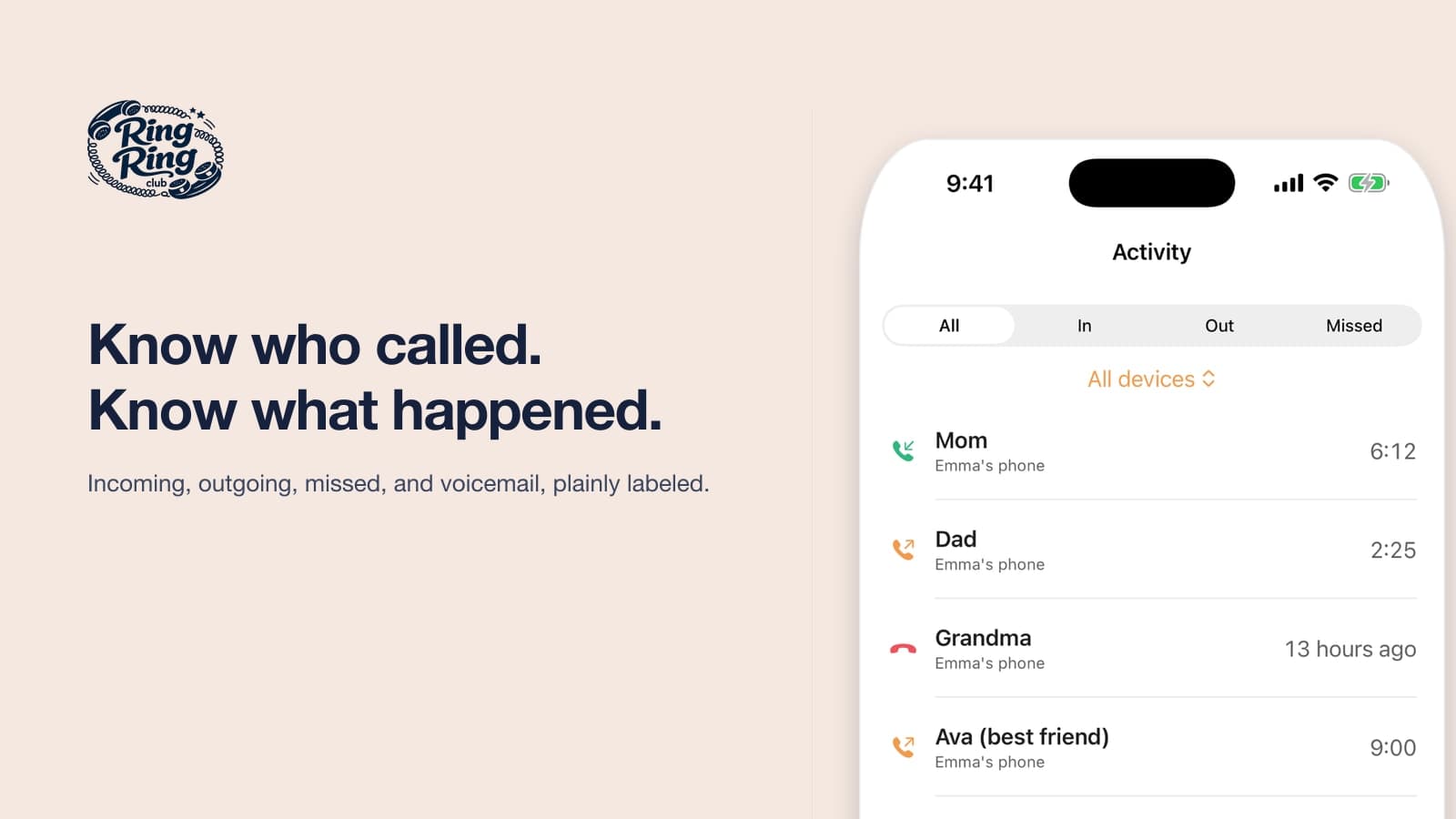 The Activity screen: incoming, outgoing and missed calls, each labeled with a name