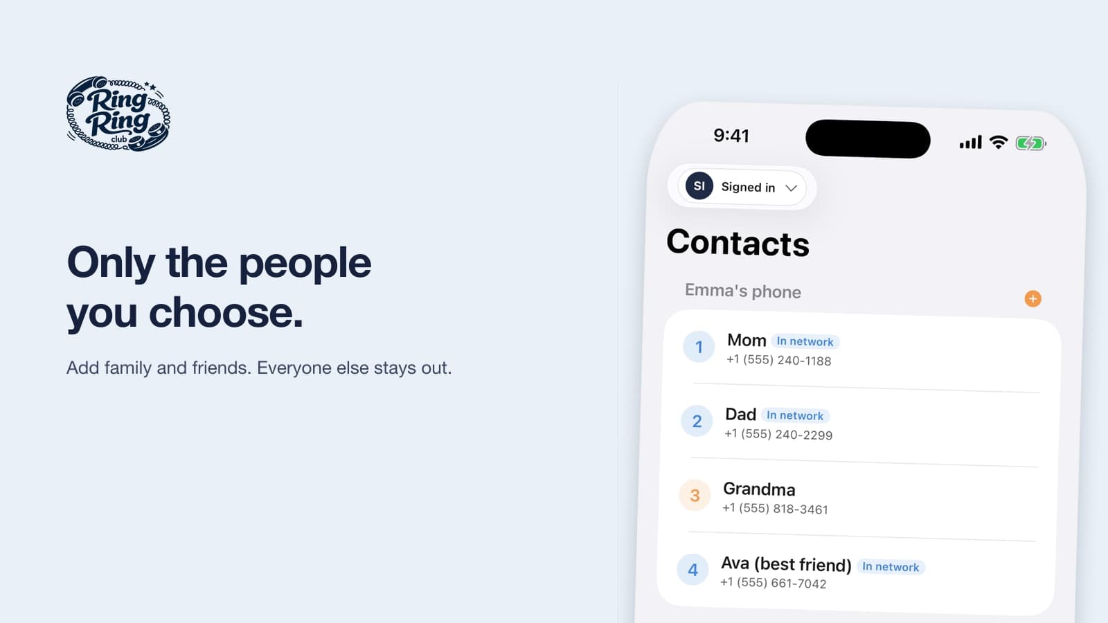 The Contacts screen: the trusted circle for each phone, Mom, Dad, Grandma and a best friend