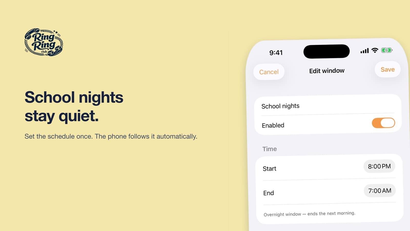 The quiet-hours editor: School nights, 8:00 PM to 7:00 AM, Monday to Friday