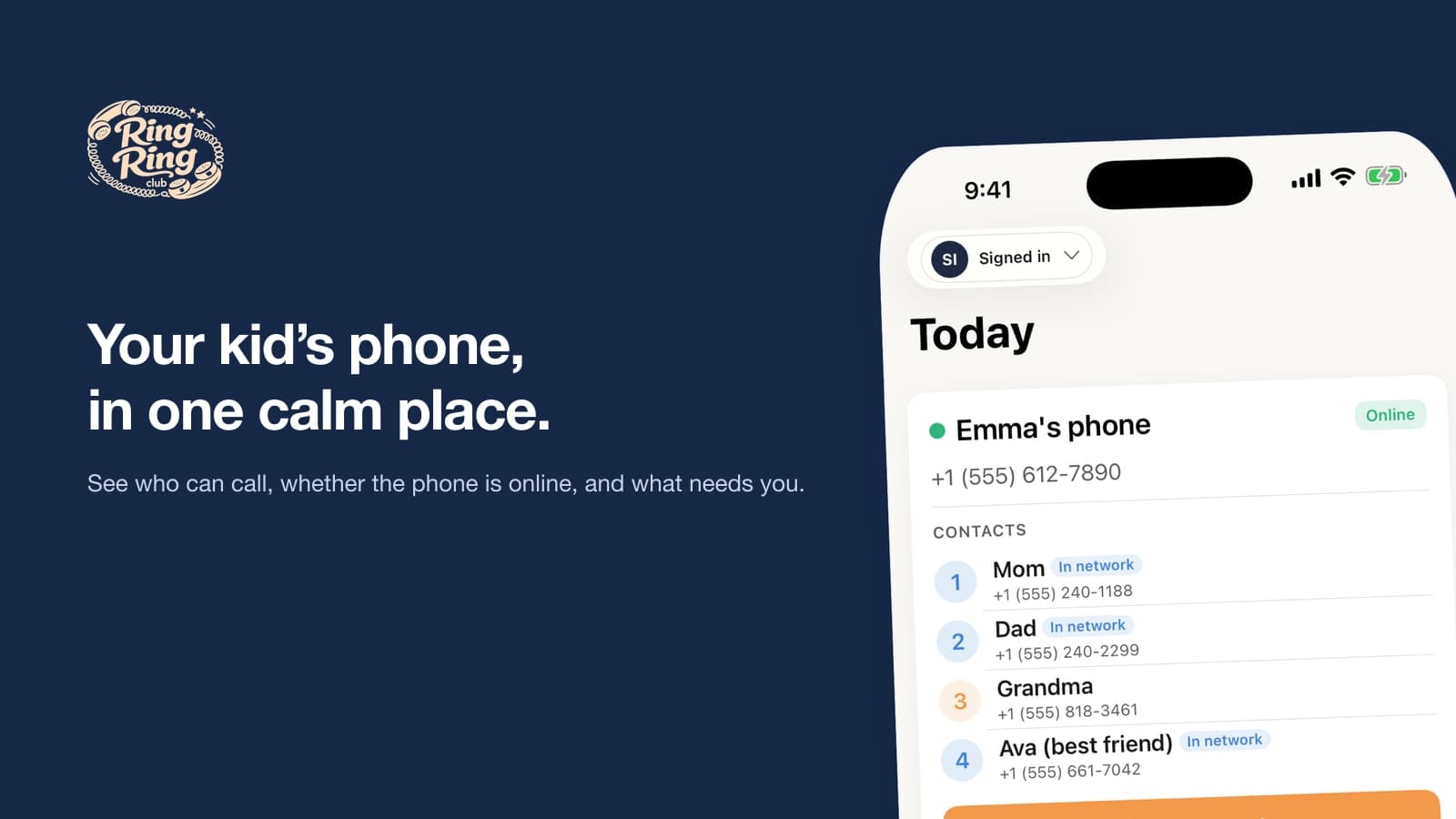 The Ring Ring parent app’s Today screen: Emma’s phone online, her four contacts, and the Pause button